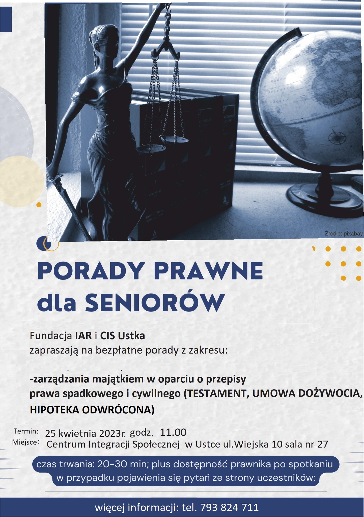 plakat informacyjny -porady prwne dla seniorów w tle globus i bogini sprawiedliwości