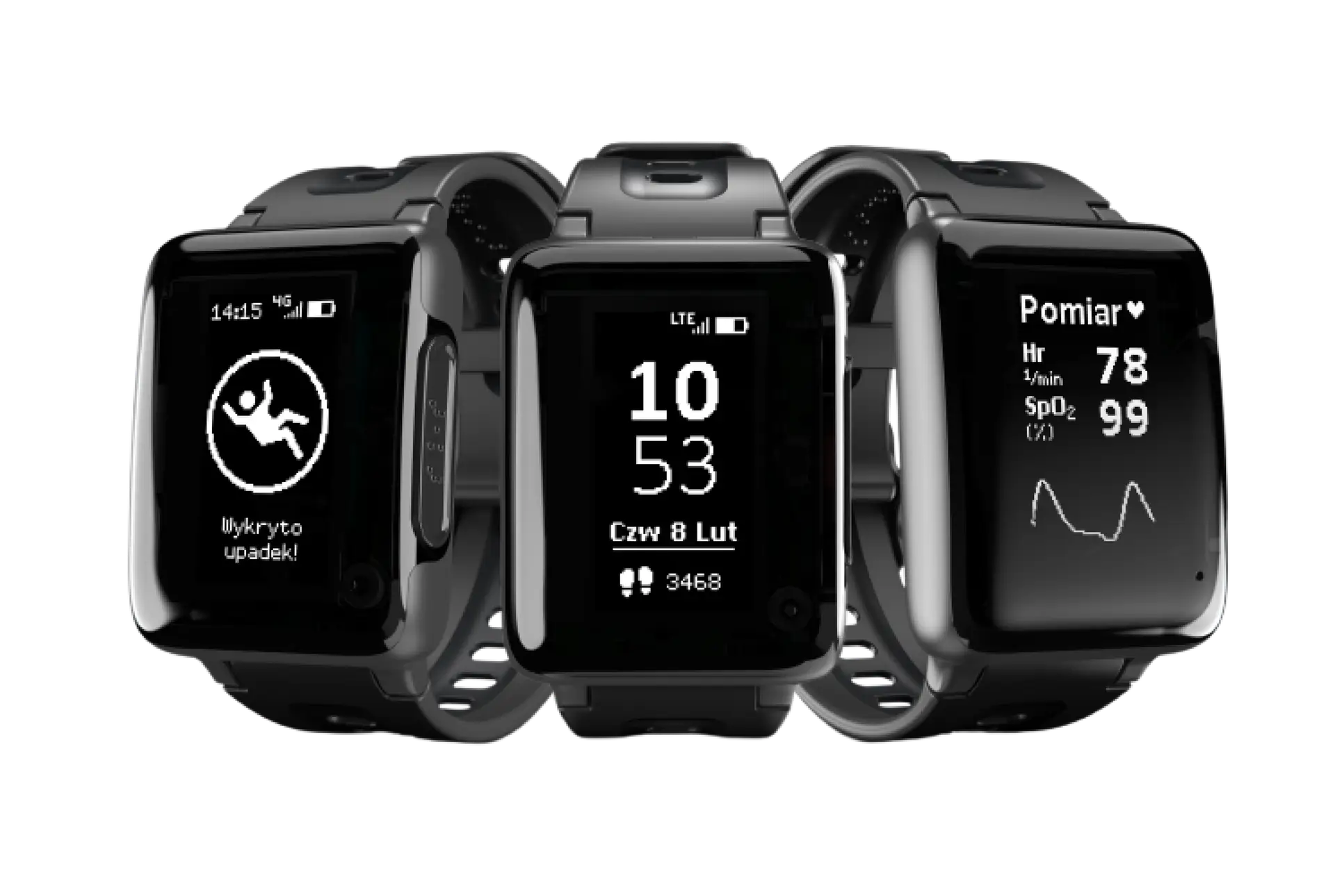 Trzy czarne opaski telemedyczne z prostokątnymi ekranami, ustawione obok siebie. Na ekranie zegarka po lewej stronie widać ikonę upadającej osoby i napis „Wykryto upadek!”. Środkowy zegarek pokazuje godzinę 10:53, datę „Czw 8 Lut” i liczbę kroków 3468. Zegarek po prawej stronie wyświetla pomiar tętna (78 uderzeń na minutę) oraz saturacji (SpO₂ 99%) z wykresem liniowym. Wszystkie zegarki mają czarne paski i nowoczesny design.