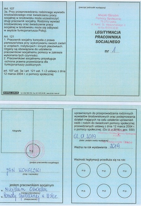 wzór legitymacji pracownika socjalnego